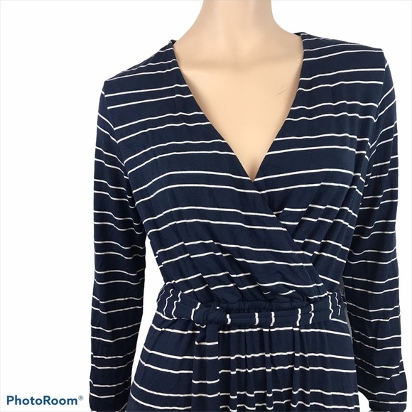 Vineyard Vines Faux Wrap Dress M Navy Striped Long Sleeve Stretch Preppy Classic - Picture 3 of 11